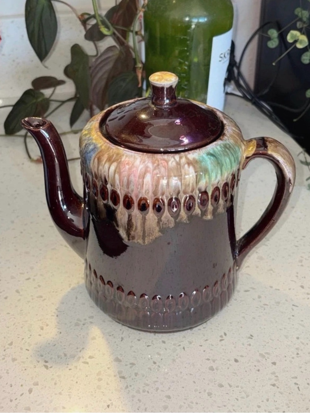 Vintage hull pottery brown drip tea/coffee pot. Rare abalone multi-color glaze.